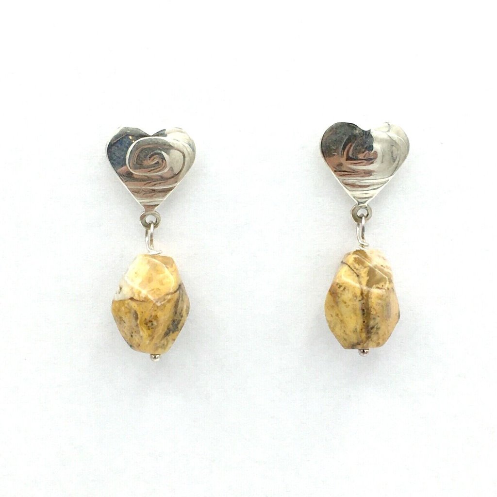 Jay King Sterling Embossed Heart & Brown Stone Drop Earrings - Dtr Desert Rose